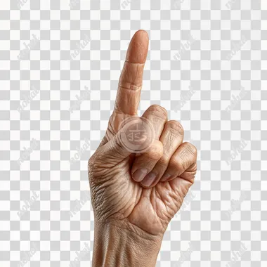 a single object, png for die cut, isolated on white background, human hand pointing upwards with index finger, dramatic lighting from top, detailed wrinkles and fingernails
