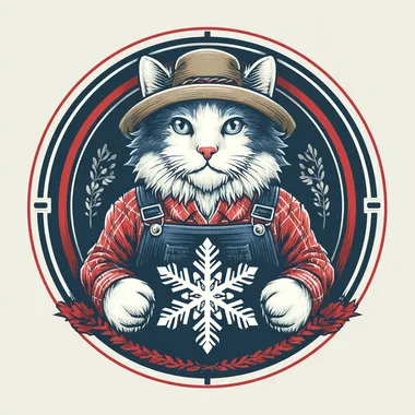 Modernism flat logo design, A cat wearing farmer outfit hold a snowflakes pattern, propaganda poster design, solid color background   sie7s4a