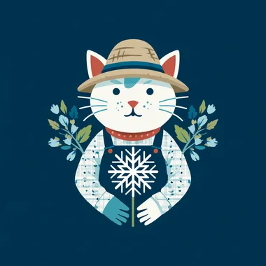 Modernism flat logo design, A cat wearing farmer outfit hold a snowflakes pattern, propaganda poster design, solid color background   sie7s4a