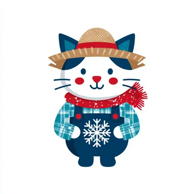 Modernism flat logo design, A cat wearing farmer outfit hold a snowflakes pattern, propaganda poster design, solid color background   sie7s4a