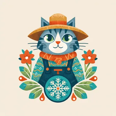 Modernism flat logo design, A cat wearing farmer outfit hold a snowflakes pattern, propaganda poster design, solid color background   sie7s4a
