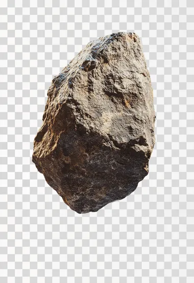 Ultra-realistic 3D rock stone, flat surface facing the camera with a slight tilt, floating in mid-air on a transparent background, Redshift render, soft lighting, shadows, subtle cracks, fine details.