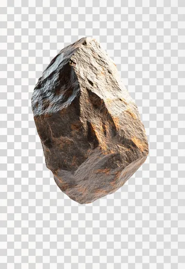 Ultra-realistic 3D rock stone, flat surface facing the camera with a slight tilt, floating in mid-air on a transparent background, Redshift render, soft lighting, shadows, subtle cracks, fine details.
