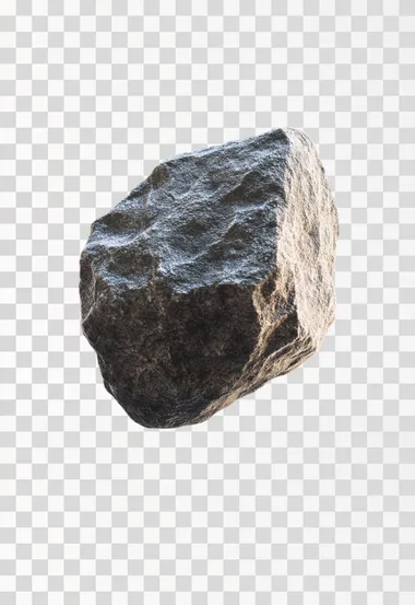 Ultra-realistic 3D rock stone, flat surface facing the camera with a slight tilt, floating in mid-air on a transparent background, Redshift render, soft lighting, shadows, subtle cracks, fine details.