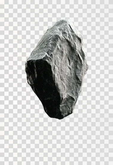 Ultra-realistic 3D rock stone, flat surface facing the camera with a slight tilt, floating in mid-air on a transparent background, Redshift render, soft lighting, shadows, subtle cracks, fine details.
