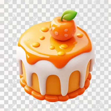 A cute, orange cake icon with a game-style, white background, cartoon decoration, and a clay material isometric rendering effect. The 3D modeling features a translucent glass texture, high-definition details, and color matching for the best quality. Created using C4D, Blender, and OC renderer, the image showcases bright colors against a white background at high resolution.