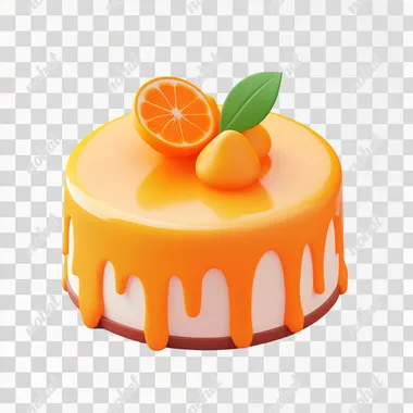 A cute, orange cake icon with a game-style, white background, cartoon decoration, and a clay material isometric rendering effect. The 3D modeling features a translucent glass texture, high-definition details, and color matching for the best quality. Created using C4D, Blender, and OC renderer, the image showcases bright colors against a white background at high resolution.