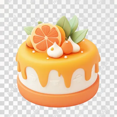 A cute, orange cake icon with a game-style, white background, cartoon decoration, and a clay material isometric rendering effect. The 3D modeling features a translucent glass texture, high-definition details, and color matching for the best quality. Created using C4D, Blender, and OC renderer, the image showcases bright colors against a white background at high resolution.
