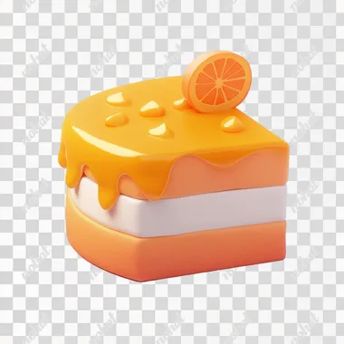 A cute, orange cake icon with a game-style, white background, cartoon decoration, and a clay material isometric rendering effect. The 3D modeling features a translucent glass texture, high-definition details, and color matching for the best quality. Created using C4D, Blender, and OC renderer, the image showcases bright colors against a white background at high resolution.