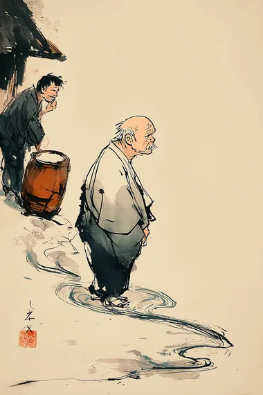 A dynamic Sumi-e ink painting, a rural house in Japan (19th century), with a large field; a servant is seen carrying a barrel of water from a well; and his master, an older man, looks at him with a sorrowful expression. water currents suggested by sweeping ink lines. Minimalist yet energetic brushwork, subtle orange or red highlights, white background.     rofile 36vhfus b56gsnz