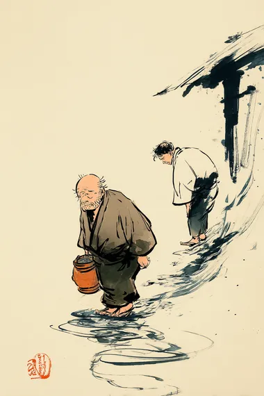 A dynamic Sumi-e ink painting, a rural house in Japan (19th century), with a large field; a servant is seen carrying a barrel of water from a well; and his master, an older man, looks at him with a sorrowful expression. water currents suggested by sweeping ink lines. Minimalist yet energetic brushwork, subtle orange or red highlights, white background.     rofile 36vhfus b56gsnz