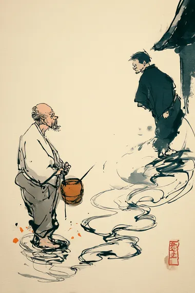 A dynamic Sumi-e ink painting, a rural house in Japan (19th century), with a large field; a servant is seen carrying a barrel of water from a well; and his master, an older man, looks at him with a sorrowful expression. water currents suggested by sweeping ink lines. Minimalist yet energetic brushwork, subtle orange or red highlights, white background.     rofile 36vhfus b56gsnz