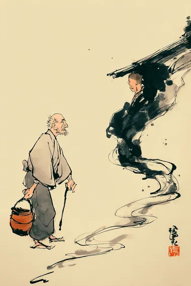 A dynamic Sumi-e ink painting, a rural house in Japan (19th century), with a large field; a servant is seen carrying a barrel of water from a well; and his master, an older man, looks at him with a sorrowful expression. water currents suggested by sweeping ink lines. Minimalist yet energetic brushwork, subtle orange or red highlights, white background.     rofile 36vhfus b56gsnz