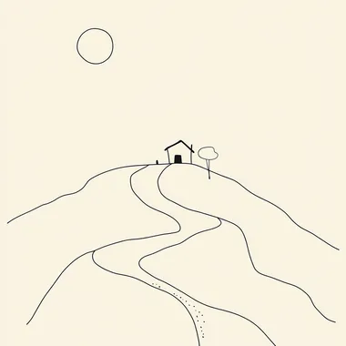 a abstract minimalist drawing of a hill trail with a house on top. it should be outline drawing with no features, no features and very minimal