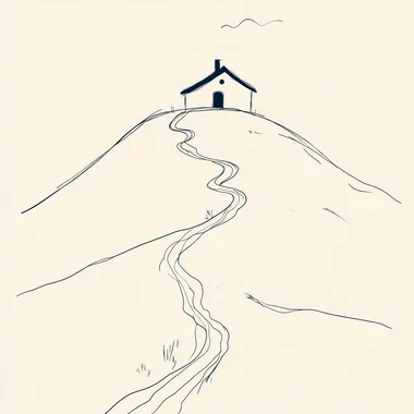 a abstract minimalist drawing of a hill trail with a house on top. it should be outline drawing with no features, no features and very minimal