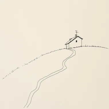 a abstract minimalist drawing of a hill trail with a house on top. it should be outline drawing with no features, no features and very minimal