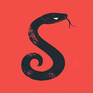 A snake illustration with a minimalist style, featuring simple lines, a red background, and smooth black brushstrokes that create a cute expression. The silhouette of the head is long and curved, with the body coiled up, in the style of Adobe Illustrator. The flat composition, high contrast, bright colors, and symmetrical layout create an elegant atmosphere. The black color tone adds a touch of mystery to the overall picture. The image is high resolution, with 8K detail.