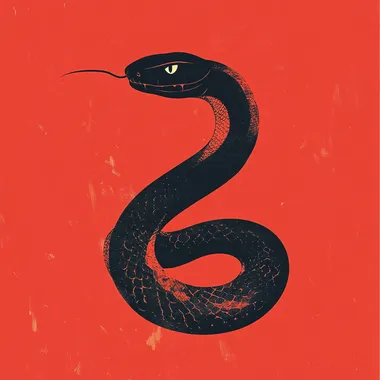 A snake illustration with a minimalist style, featuring simple lines, a red background, and smooth black brushstrokes that create a cute expression. The silhouette of the head is long and curved, with the body coiled up, in the style of Adobe Illustrator. The flat composition, high contrast, bright colors, and symmetrical layout create an elegant atmosphere. The black color tone adds a touch of mystery to the overall picture. The image is high resolution, with 8K detail.