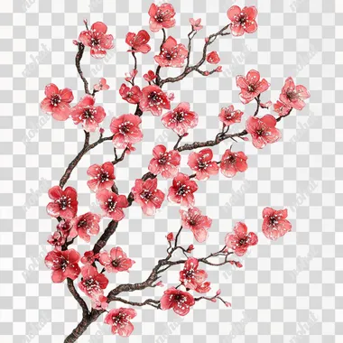 Create a luxurious and artistic design of a large red-pink cherry blossom branch in a vertical format. The large branch with many small branches with The flowers should be three-dimensional in shape, with delicately layered pink petals, intricate central stamens and delicate accents that make them look radiant. The branch should have a textured, metallic look, with pink hues and rough, organic details. The background is white to highlight the branch. Make sure the design has a luxurious and sophisticated aesthetic, with a harmonious balance between the intricate details of the flowers and the minimalist background