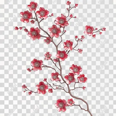 Create a luxurious and artistic design of a large red-pink cherry blossom branch in a vertical format. The large branch with many small branches with The flowers should be three-dimensional in shape, with delicately layered pink petals, intricate central stamens and delicate accents that make them look radiant. The branch should have a textured, metallic look, with pink hues and rough, organic details. The background is white to highlight the branch. Make sure the design has a luxurious and sophisticated aesthetic, with a harmonious balance between the intricate details of the flowers and the minimalist background
