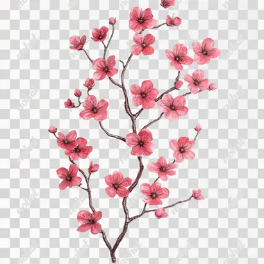 Create a luxurious and artistic design of a large red-pink cherry blossom branch in a vertical format. The large branch with many small branches with The flowers should be three-dimensional in shape, with delicately layered pink petals, intricate central stamens and delicate accents that make them look radiant. The branch should have a textured, metallic look, with pink hues and rough, organic details. The background is white to highlight the branch. Make sure the design has a luxurious and sophisticated aesthetic, with a harmonious balance between the intricate details of the flowers and the minimalist background