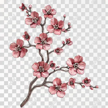 Create a luxurious and artistic design of a large red-pink cherry blossom branch in a vertical format. The large branch with many small branches with The flowers should be three-dimensional in shape, with delicately layered pink petals, intricate central stamens and delicate accents that make them look radiant. The branch should have a textured, metallic look, with pink hues and rough, organic details. The background is white to highlight the branch. Make sure the design has a luxurious and sophisticated aesthetic, with a harmonious balance between the intricate details of the flowers and the minimalist background
