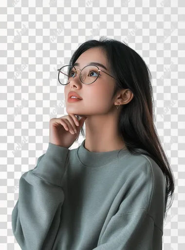 A beautiful Asian gamer girl with glasses, she is excited and thoughtful with her hand on her chin, standing, looking in profile, transparent background