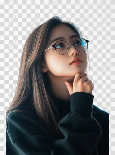 A beautiful Asian gamer girl with glasses, she is excited and thoughtful with her hand on her chin, standing, looking in profile, transparent background