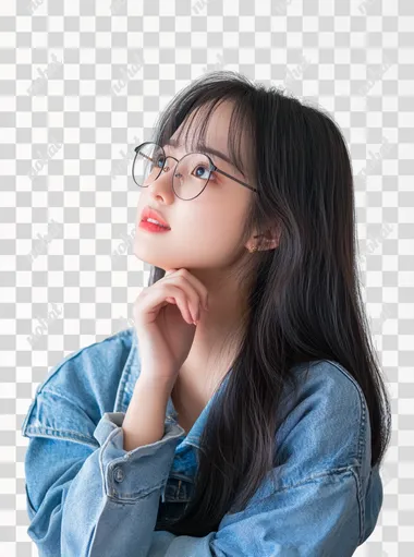 A beautiful Asian gamer girl with glasses, she is excited and thoughtful with her hand on her chin, standing, looking in profile, transparent background