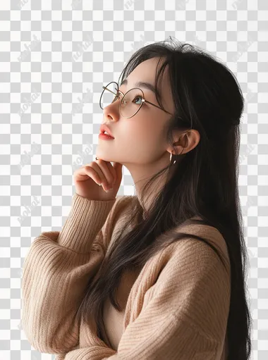 A beautiful Asian gamer girl with glasses, she is excited and thoughtful with her hand on her chin, standing, looking in profile, transparent background