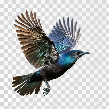 NZ Tui bird flying realistic photograph on white background