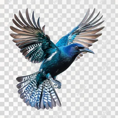 NZ Tui bird flying realistic photograph on white background