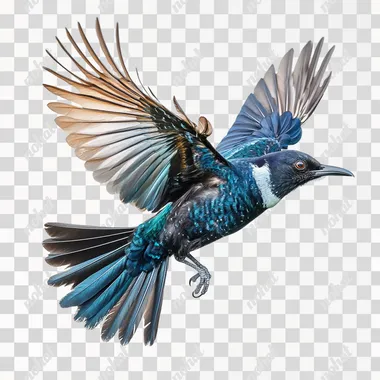 NZ Tui bird flying realistic photograph on white background