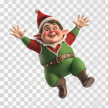 a short and chubby christmas elf falling toward us on a white background in a 3d render style