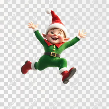 a short and chubby christmas elf falling toward us on a white background in a 3d render style