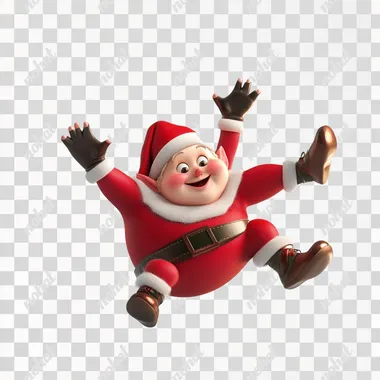 a short and chubby christmas elf falling toward us on a white background in a 3d render style