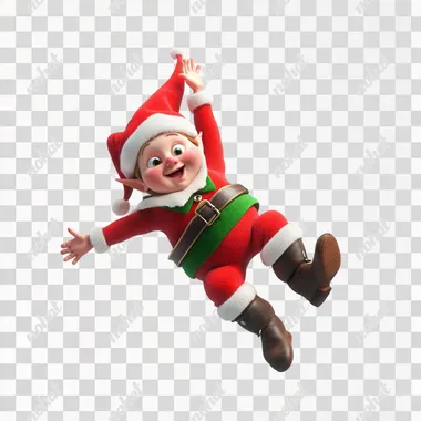 a short and chubby christmas elf falling toward us on a white background in a 3d render style