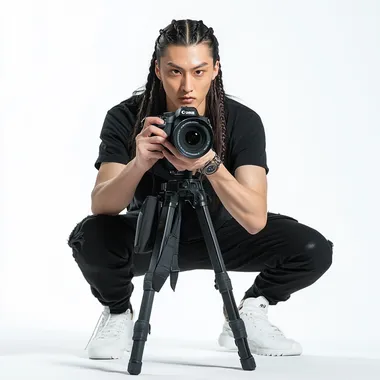 A 30-year-old Chinese man with long hair, braided, black trousers, black T-shirt, white sneakers, holding a Canon camera while filming, kneeling on one knee pure white background, photography,(FULL SHOT) ,Front view,8k,hyper quality