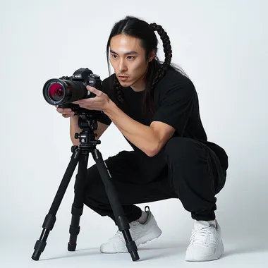 A 30-year-old Chinese man with long hair, braided, black trousers, black T-shirt, white sneakers, holding a Canon camera while filming, kneeling on one knee pure white background, photography,(FULL SHOT) ,Front view,8k,hyper quality