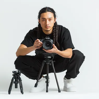 A 30-year-old Chinese man with long hair, braided, black trousers, black T-shirt, white sneakers, holding a Canon camera while filming, kneeling on one knee pure white background, photography,(FULL SHOT) ,Front view,8k,hyper quality