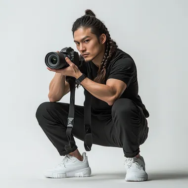 A 30-year-old Chinese man with long hair, braided, black trousers, black T-shirt, white sneakers, holding a Canon camera while filming, kneeling on one knee pure white background, photography,(FULL SHOT) ,Front view,8k,hyper quality