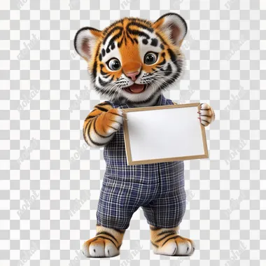 A highly realistic 3D cute tiger cub holding a whiteboard and explaining something, wearing a detailed kindergarten uniform, photorealistic textures, full body, isolated on a pure white background, no shadows