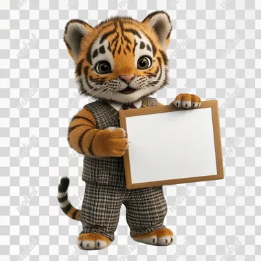 A highly realistic 3D cute tiger cub holding a whiteboard and explaining something, wearing a detailed kindergarten uniform, photorealistic textures, full body, isolated on a pure white background, no shadows
