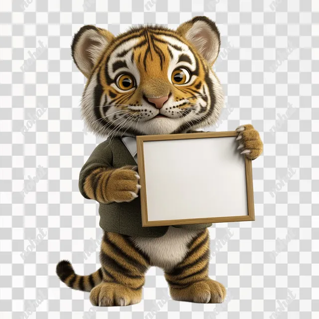 a tiger holding a sign and pointing at it