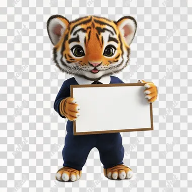 A highly realistic 3D cute tiger cub holding a whiteboard and explaining something, wearing a detailed kindergarten uniform, photorealistic textures, full body, isolated on a pure white background, no shadows
