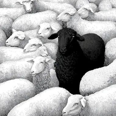 A group of white sheep, depicted in a delicate line - drawing style. In the center, a dark - black sheep stands out, outlined with bold, prominent lines to emphasize its contrast. The lines for the white sheep should be soft and light to convey their purity, while the black sheep's lines are strong and dark for a striking effect