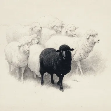 A group of white sheep, depicted in a delicate line - drawing style. In the center, a dark - black sheep stands out, outlined with bold, prominent lines to emphasize its contrast. The lines for the white sheep should be soft and light to convey their purity, while the black sheep's lines are strong and dark for a striking effect