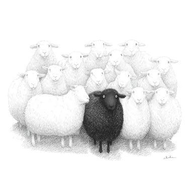 A group of white sheep, depicted in a delicate line - drawing style. In the center, a dark - black sheep stands out, outlined with bold, prominent lines to emphasize its contrast. The lines for the white sheep should be soft and light to convey their purity, while the black sheep's lines are strong and dark for a striking effect