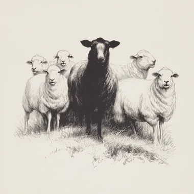 A group of white sheep, depicted in a delicate line - drawing style. In the center, a dark - black sheep stands out, outlined with bold, prominent lines to emphasize its contrast. The lines for the white sheep should be soft and light to convey their purity, while the black sheep's lines are strong and dark for a striking effect