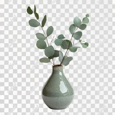 A small vase with fresh eucalyptus branches isolated on white background